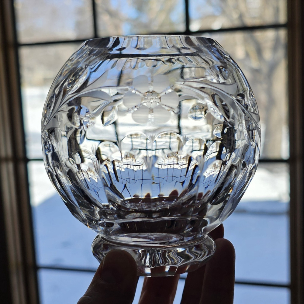 Vintage Rogaska Round Crystal 4" Floral Etched Bud Vase Cut Crystal Slovenia